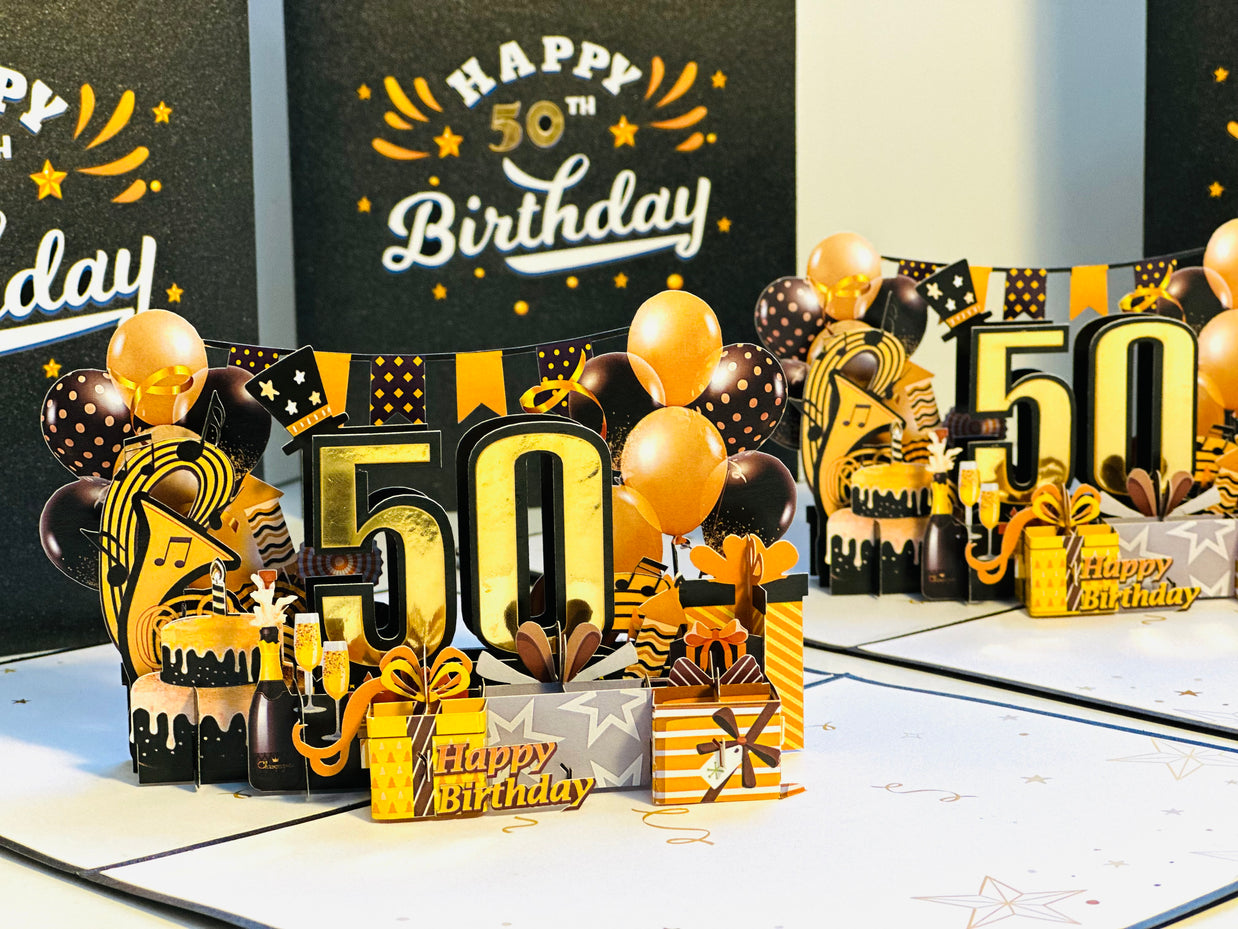 50th Golden Happy Birthday with Presents Origami Pop Cards 3D Pop Up Greeting Card Thank You Handmade Gift Thinking of You Happy Birthday Occasion Australiana Celebrate the Beauty and Happiness During Special Day Best Wishes Gift