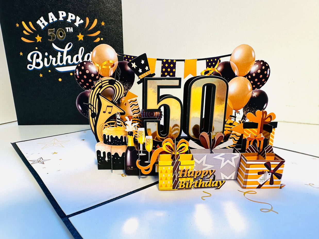 50th Golden Happy Birthday with Presents Origami Pop Cards 3D Pop Up Greeting Card Thank You Handmade Gift Thinking of You Happy Birthday Occasion Australiana Celebrate the Beauty and Happiness During Special Day Best Wishes Gift