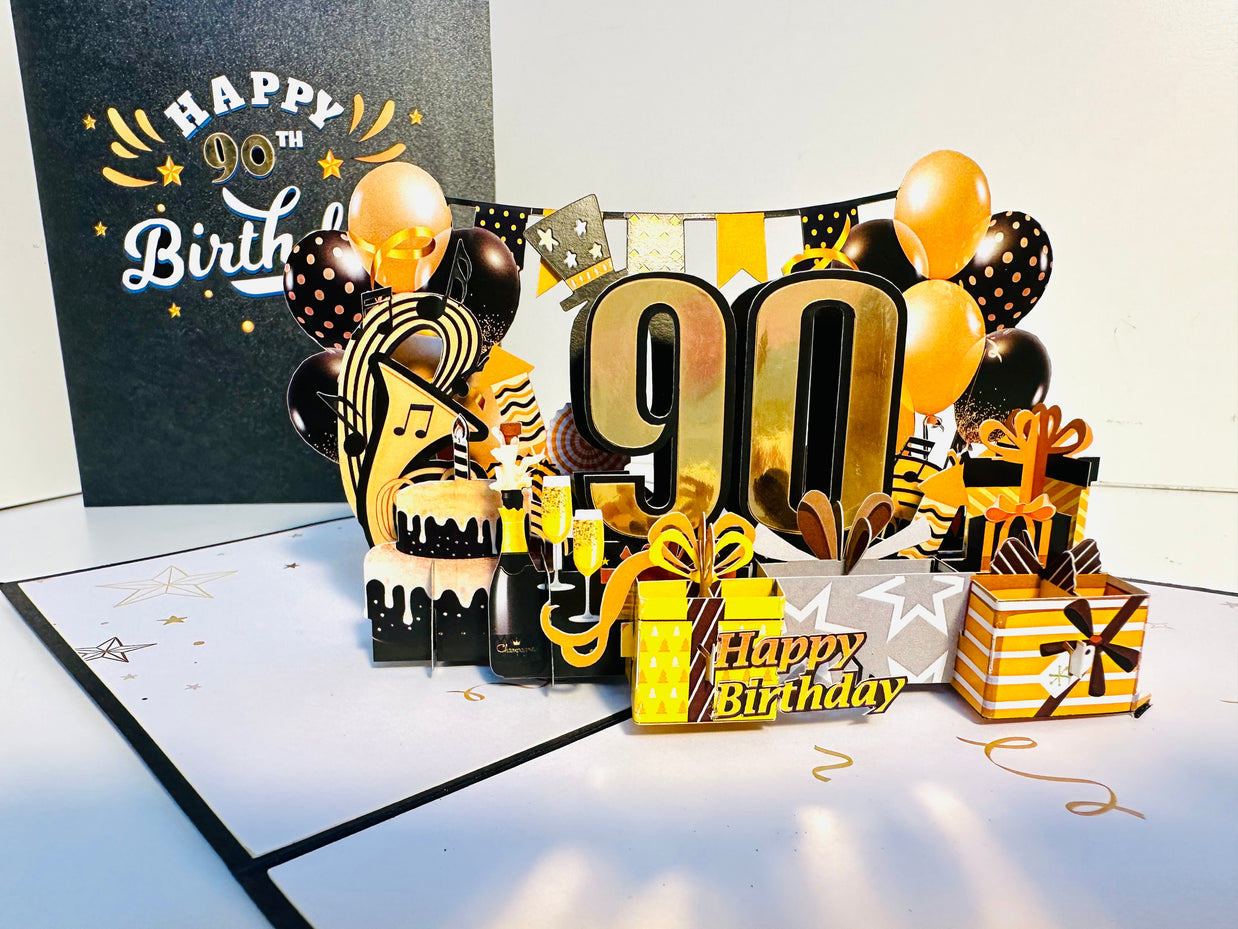 90th Golden Happy Birthday with Presents Origami Pop Cards 3D Pop Up Greeting Card Thank You Handmade Gift Thinking of You Happy Birthday Occasion Australiana Celebrate the Beauty and Happiness During Special Day Best Wishes Gift