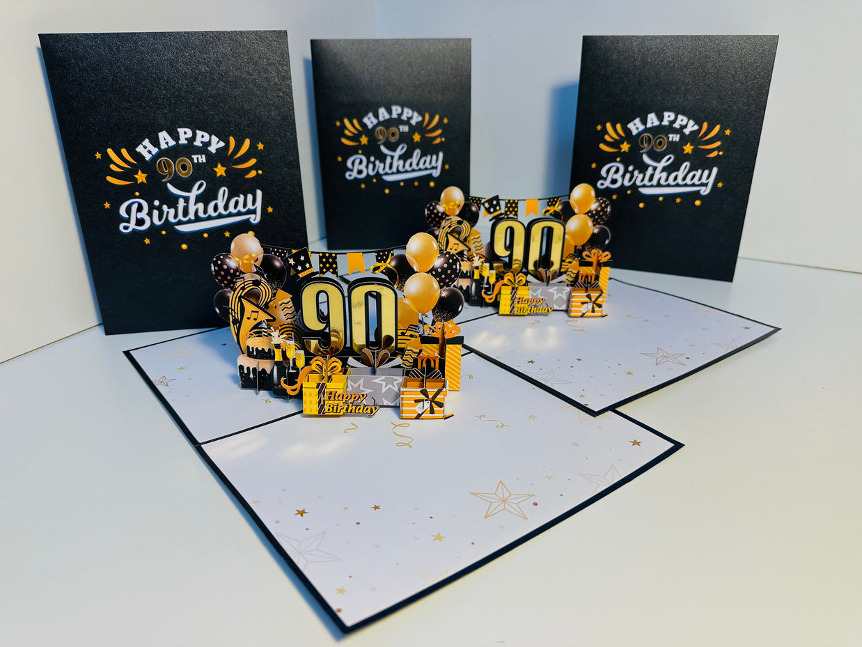 90th Golden Happy Birthday with Presents Origami Pop Cards 3D Pop Up Greeting Card Thank You Handmade Gift Thinking of You Happy Birthday Occasion Australiana Celebrate the Beauty and Happiness During Special Day Best Wishes Gift