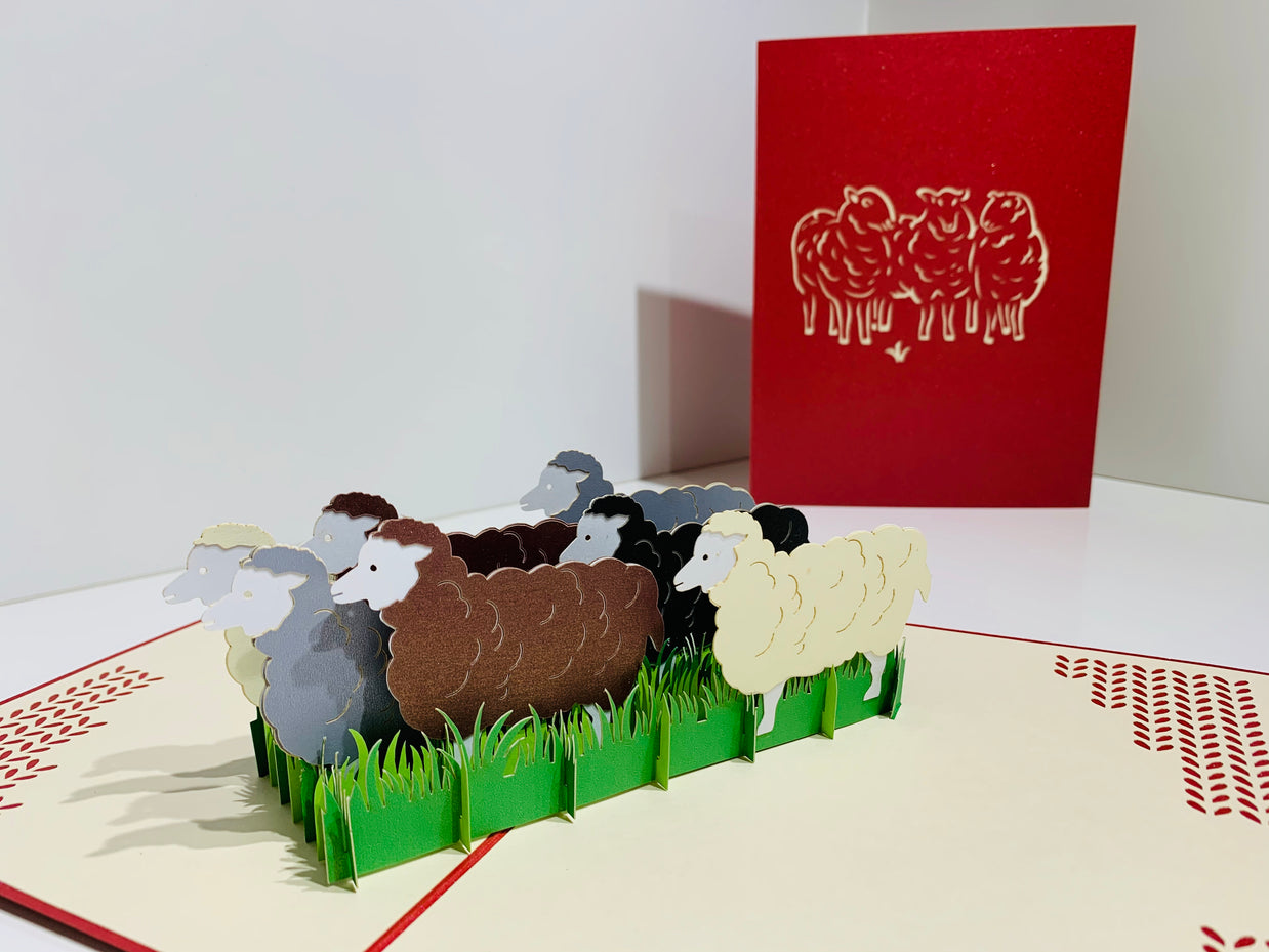 Flock of Sheep with Red Cover Origami Pop Cards 3D Pop Up Greeting Card Happy Birthday Thank You Handmade Gift Thinking of You Blank Card for Any Occasion Happy Mother's Day Happy Father's Australiana Celebrate the Beauty