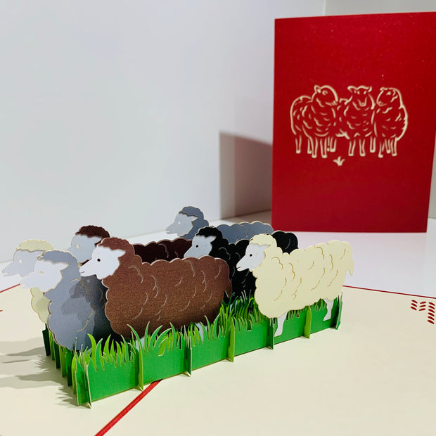 Flock of Sheep with Red Cover Origami Pop Cards 3D Pop Up Greeting Card Happy Birthday Thank You Handmade Gift Thinking of You Blank Card for Any Occasion Happy Mother's Day Happy Father's Australiana Celebrate the Beauty