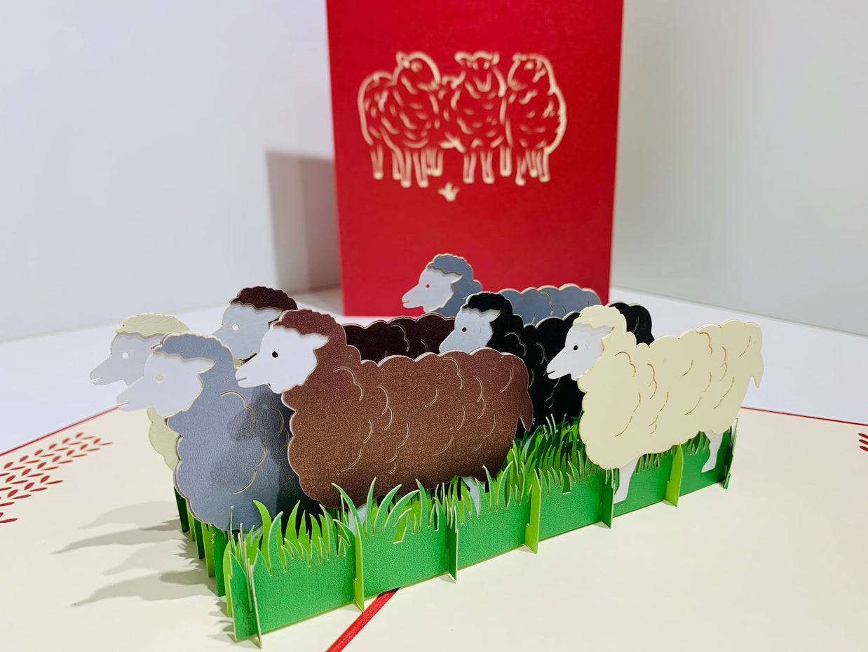 Flock of Sheep with Red Cover Origami Pop Cards 3D Pop Up Greeting Card Happy Birthday Thank You Handmade Gift Thinking of You Blank Card for Any Occasion Happy Mother's Day Happy Father's Australiana Celebrate the Beauty