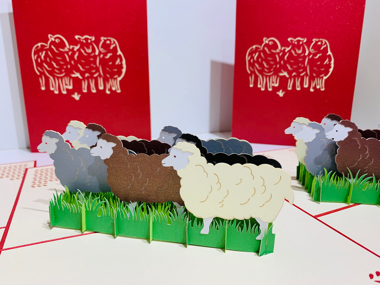 Flock of Sheep with Red Cover Origami Pop Cards 3D Pop Up Greeting Card Happy Birthday Thank You Handmade Gift Thinking of You Blank Card for Any Occasion Happy Mother's Day Happy Father's Australiana Celebrate the Beauty