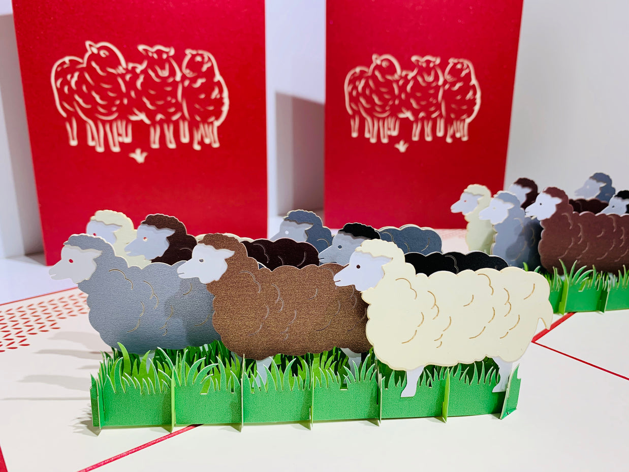 Flock of Sheep with Red Cover Origami Pop Cards 3D Pop Up Greeting Card Happy Birthday Thank You Handmade Gift Thinking of You Blank Card for Any Occasion Happy Mother's Day Happy Father's Australiana Celebrate the Beauty