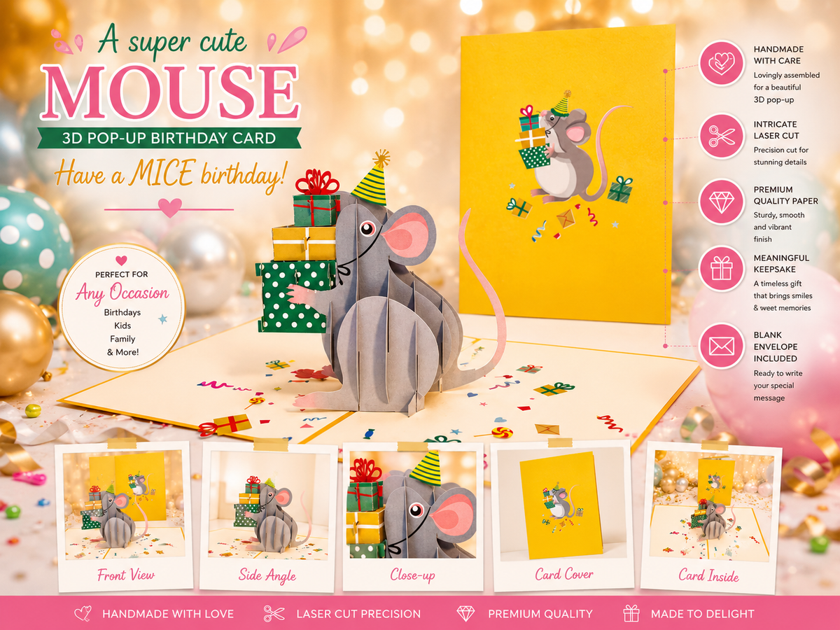 A super cute mouse BIRTHDAY WISH for all ages - Have a MICE birthday! Origami Pop Cards 3D Pop Up Greeting Card Thank You Handmade Gift Thinking of You Happy Birthday Occasion Celebrate the Beauty and Happiness During Special Day Best Wishes Gift