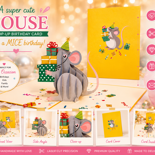 A super cute mouse BIRTHDAY WISH for all ages - Have a MICE birthday! Origami Pop Cards 3D Pop Up Greeting Card Thank You Handmade Gift Thinking of You Happy Birthday Occasion Celebrate the Beauty and Happiness During Special Day Best Wishes Gift