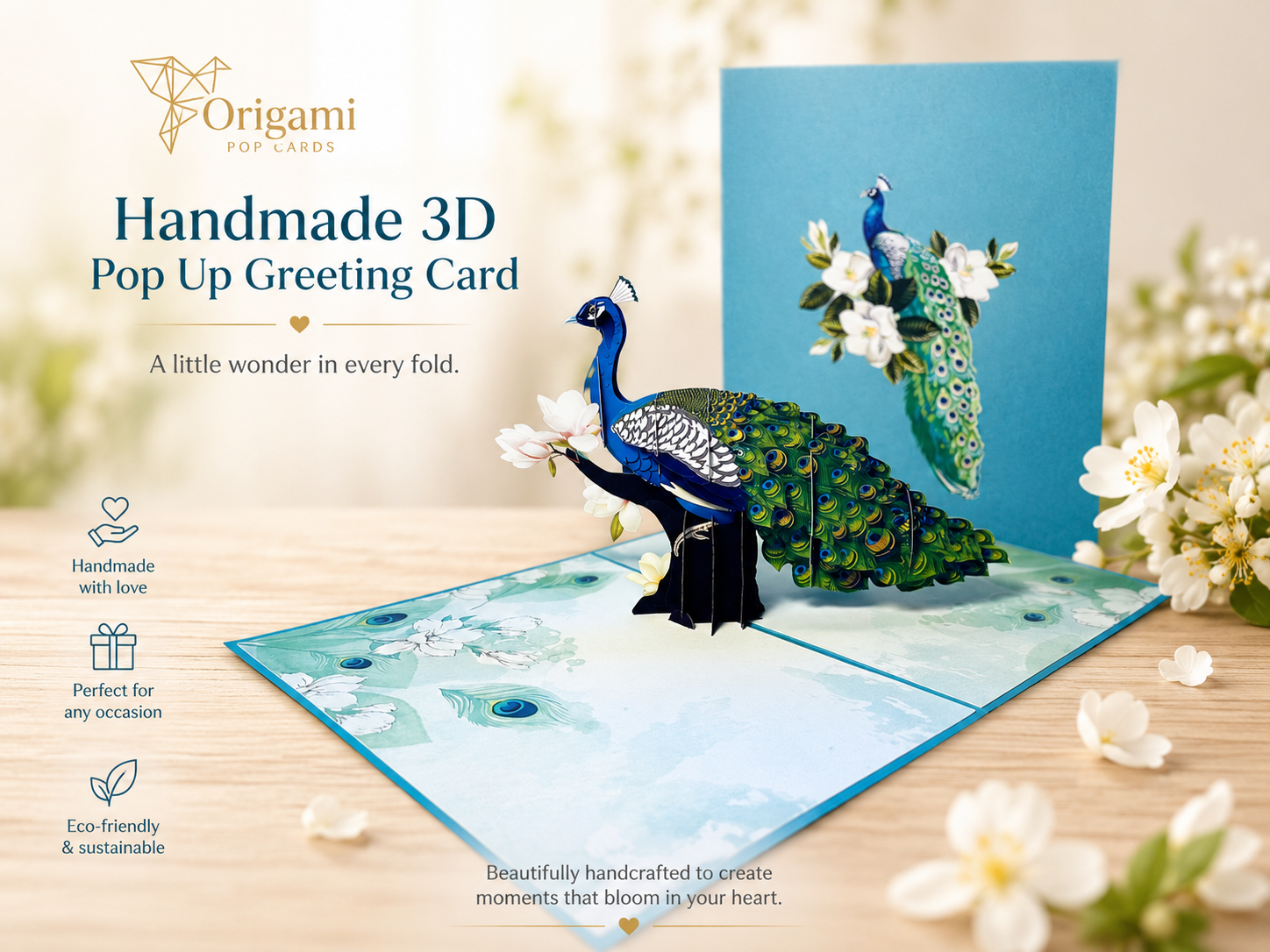 Asian Oriental Blue Green Peacock with White Magnolia Flowers Origami Pop Cards 3D Pop Up Greeting Card Happy Birthday Thank You Handmade Best Wishes Blank Card for Any Occasion Happy Mother's Day Happy Father's Day Celebrate the Beauty Of Nature