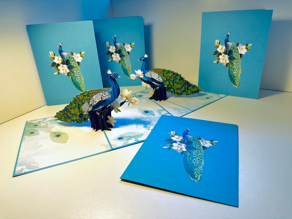 Asian Oriental Blue Green Peacock with White Magnolia Flowers Origami Pop Cards 3D Pop Up Greeting Card Happy Birthday Thank You Handmade Best Wishes Blank Card for Any Occasion Happy Mother's Day Happy Father's Day Celebrate the Beauty Of Nature