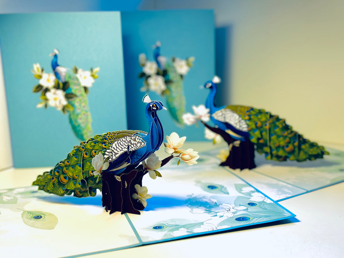 Asian Oriental Blue Green Peacock with White Magnolia Flowers Origami Pop Cards 3D Pop Up Greeting Card Happy Birthday Thank You Handmade Best Wishes Blank Card for Any Occasion Happy Mother's Day Happy Father's Day Celebrate the Beauty Of Nature
