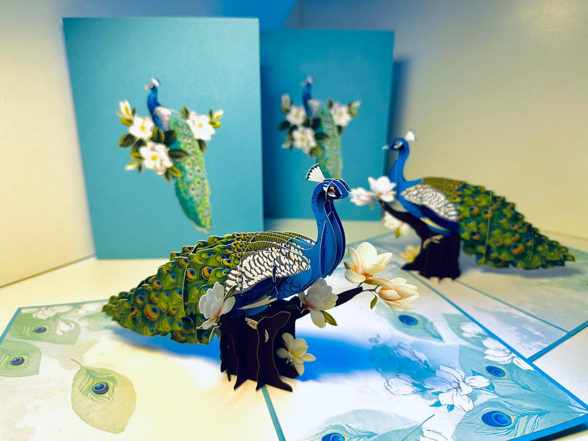 Asian Oriental Blue Green Peacock with White Magnolia Flowers Origami Pop Cards 3D Pop Up Greeting Card Happy Birthday Thank You Handmade Best Wishes Blank Card for Any Occasion Happy Mother's Day Happy Father's Day Celebrate the Beauty Of Nature