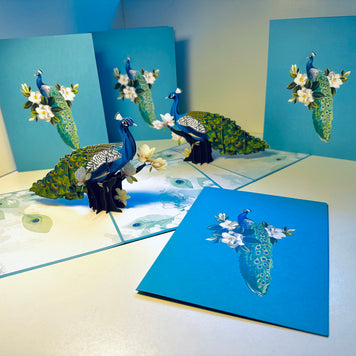 Asian Oriental Blue Green Peacock with White Magnolia Flowers Origami Pop Cards 3D Pop Up Greeting Card Happy Birthday Thank You Handmade Best Wishes Blank Card for Any Occasion Happy Mother's Day Happy Father's Day Celebrate the Beauty Of Nature