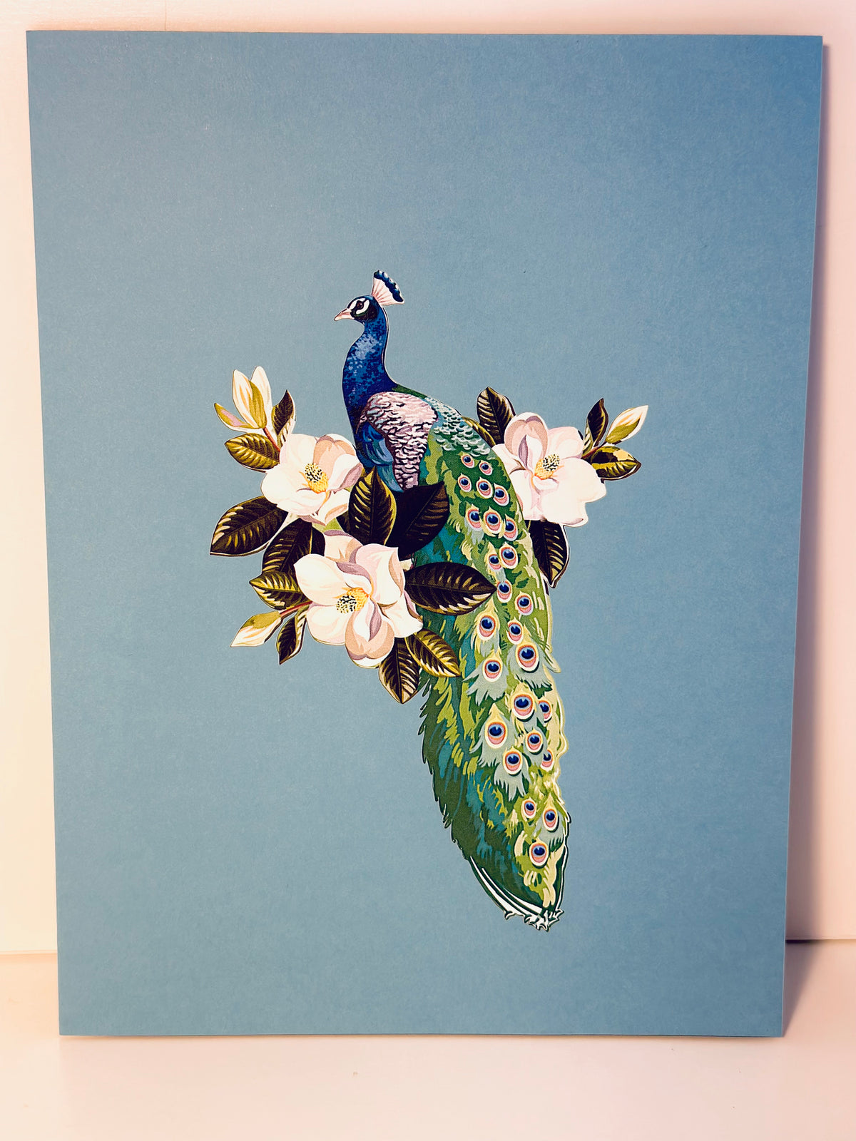 Asian Oriental Blue Green Peacock with White Magnolia Flowers Origami Pop Cards 3D Pop Up Greeting Card Happy Birthday Thank You Handmade Best Wishes Blank Card for Any Occasion Happy Mother's Day Happy Father's Day Celebrate the Beauty Of Nature