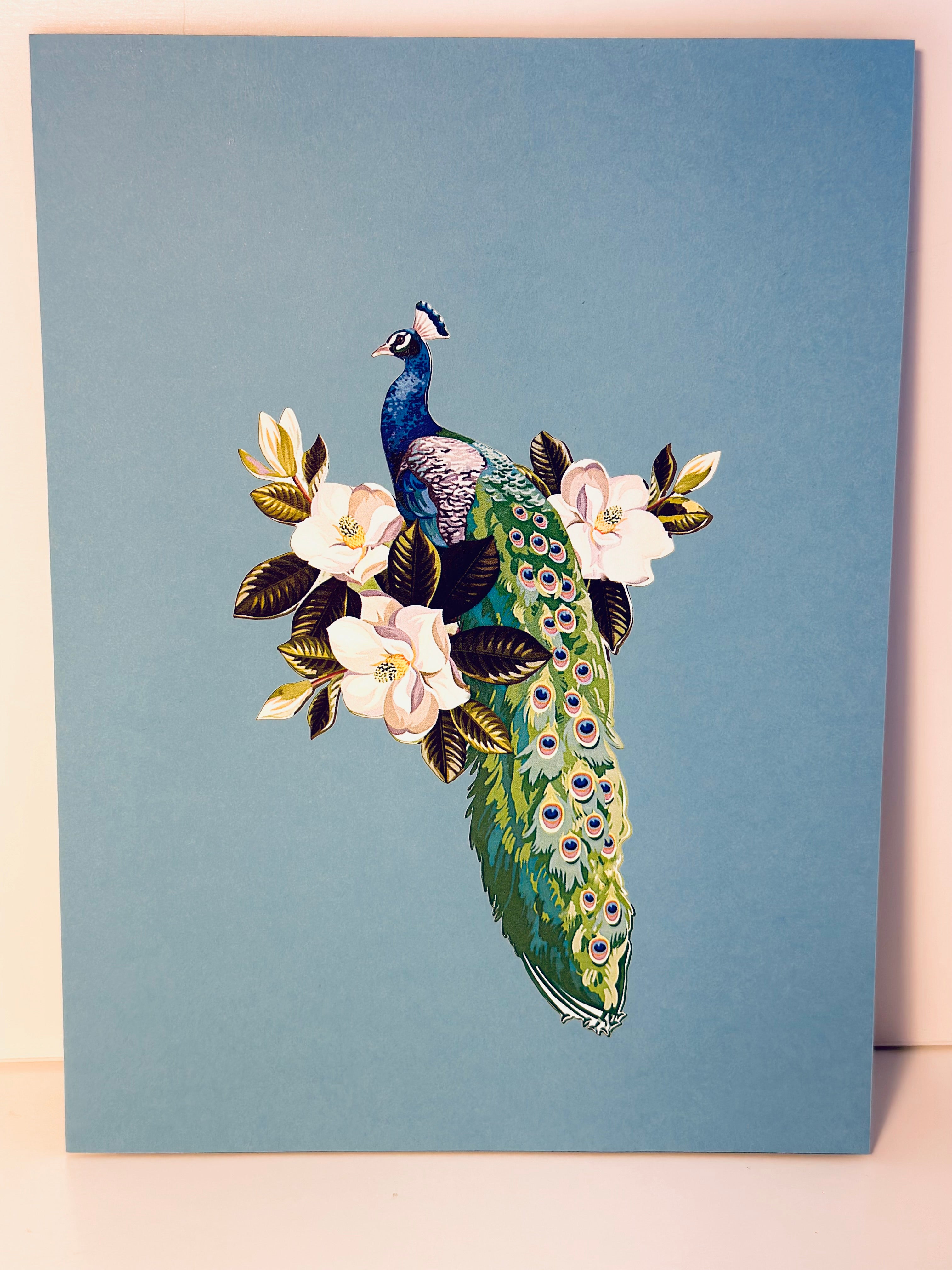 Asian Oriental Blue Green Peacock with White Magnolia Flowers Origami Pop Cards 3D Pop Up Greeting Card Happy Birthday Thank You Handmade Best Wishes Blank Card for Any Occasion Happy Mother's Day Happy Father's Day Celebrate the Beauty Of Nature