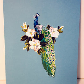 Asian Oriental Blue Green Peacock with White Magnolia Flowers Origami Pop Cards 3D Pop Up Greeting Card Happy Birthday Thank You Handmade Best Wishes Blank Card for Any Occasion Happy Mother's Day Happy Father's Day Celebrate the Beauty Of Nature