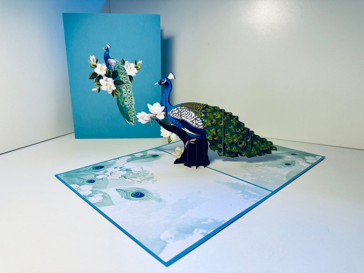 Asian Oriental Blue Green Peacock with White Magnolia Flowers Origami Pop Cards 3D Pop Up Greeting Card Happy Birthday Thank You Handmade Best Wishes Blank Card for Any Occasion Happy Mother's Day Happy Father's Day Celebrate the Beauty Of Nature