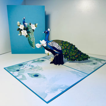 Asian Oriental Blue Green Peacock with White Magnolia Flowers Origami Pop Cards 3D Pop Up Greeting Card Happy Birthday Thank You Handmade Best Wishes Blank Card for Any Occasion Happy Mother's Day Happy Father's Day Celebrate the Beauty Of Nature