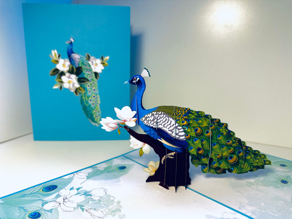 Asian Oriental Blue Green Peacock with White Magnolia Flowers Origami Pop Cards 3D Pop Up Greeting Card Happy Birthday Thank You Handmade Best Wishes Blank Card for Any Occasion Happy Mother's Day Happy Father's Day Celebrate the Beauty Of Nature