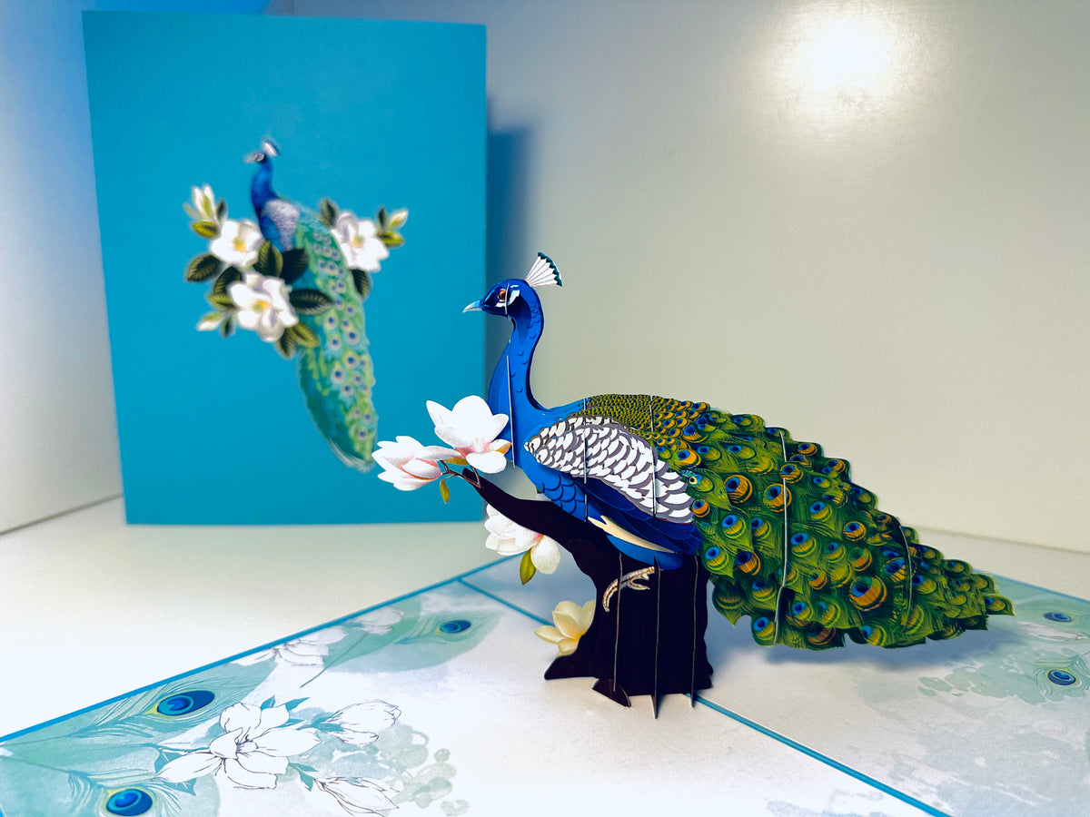 Asian Oriental Blue Green Peacock with White Magnolia Flowers Origami Pop Cards 3D Pop Up Greeting Card Happy Birthday Thank You Handmade Best Wishes Blank Card for Any Occasion Happy Mother's Day Happy Father's Day Celebrate the Beauty Of Nature