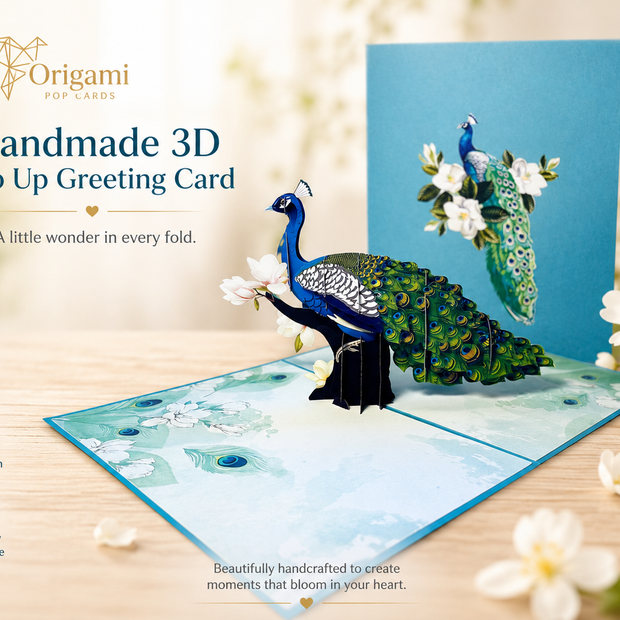 Asian Oriental Blue Green Peacock with White Magnolia Flowers Origami Pop Cards 3D Pop Up Greeting Card Happy Birthday Thank You Handmade Best Wishes Blank Card for Any Occasion Happy Mother's Day Happy Father's Day Celebrate the Beauty Of Nature