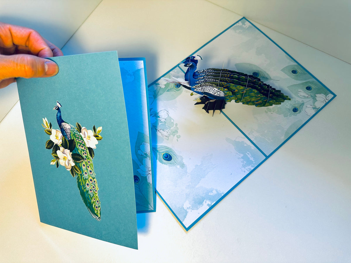 Asian Oriental Blue Green Peacock with White Magnolia Flowers Origami Pop Cards 3D Pop Up Greeting Card Happy Birthday Thank You Handmade Best Wishes Blank Card for Any Occasion Happy Mother's Day Happy Father's Day Celebrate the Beauty Of Nature
