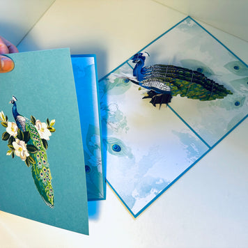 Asian Oriental Blue Green Peacock with White Magnolia Flowers Origami Pop Cards 3D Pop Up Greeting Card Happy Birthday Thank You Handmade Best Wishes Blank Card for Any Occasion Happy Mother's Day Happy Father's Day Celebrate the Beauty Of Nature
