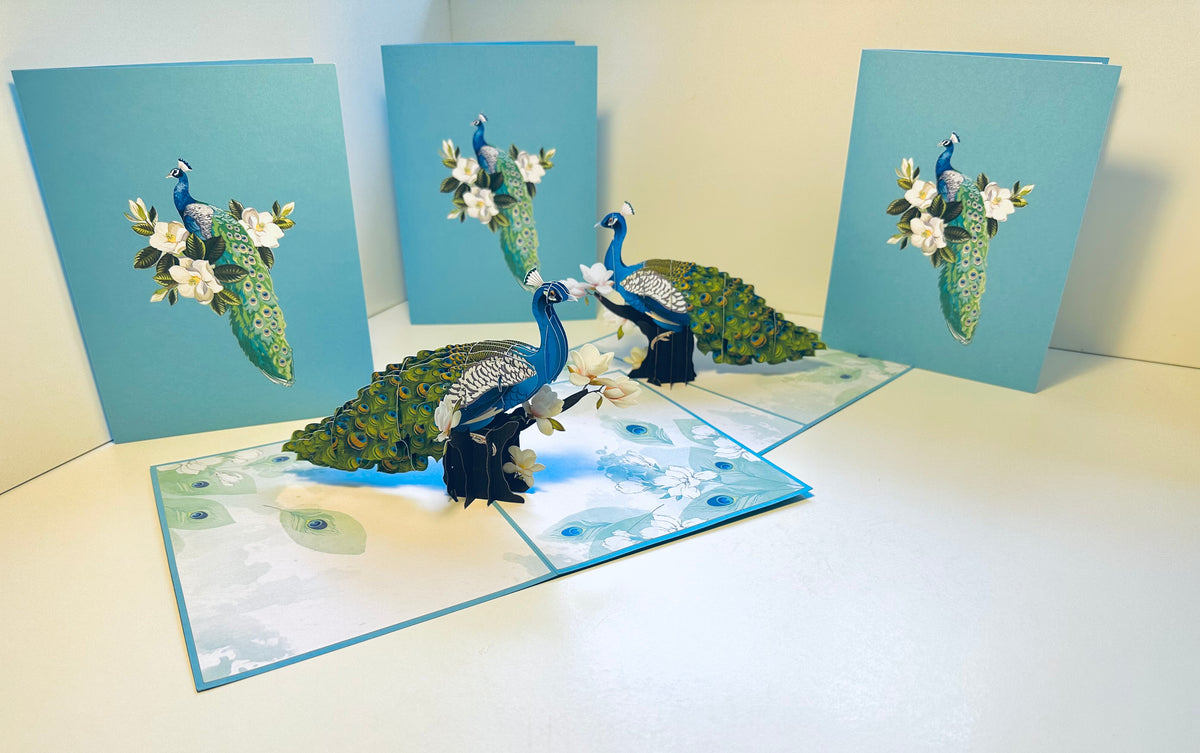 Asian Oriental Blue Green Peacock with White Magnolia Flowers Origami Pop Cards 3D Pop Up Greeting Card Happy Birthday Thank You Handmade Best Wishes Blank Card for Any Occasion Happy Mother's Day Happy Father's Day Celebrate the Beauty Of Nature