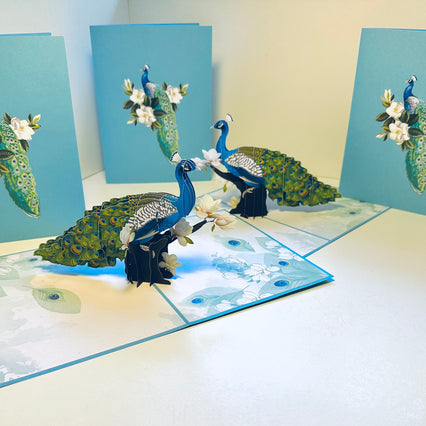 Asian Oriental Blue Green Peacock with White Magnolia Flowers Origami Pop Cards 3D Pop Up Greeting Card Happy Birthday Thank You Handmade Best Wishes Blank Card for Any Occasion Happy Mother's Day Happy Father's Day Celebrate the Beauty Of Nature