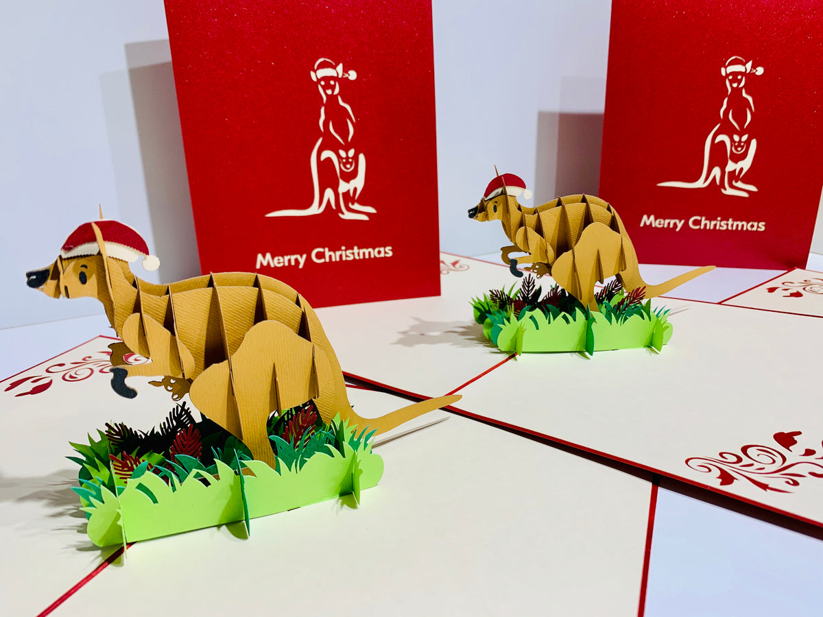 Aussie Christmas Santa Wallaby Kangaroo Wild Animal Origami Pop Cards 3D Pop Up Greeting Card Merry Christmas Thank You Handmade Best Wishes Blank Card Gift Happy Holidays Celebrate the Special Day