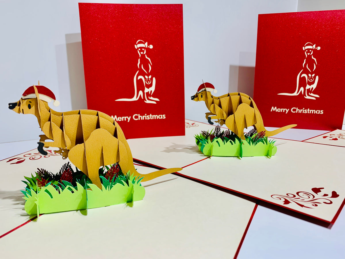Aussie Christmas Santa Wallaby Kangaroo Wild Animal Origami Pop Cards 3D Pop Up Greeting Card Merry Christmas Thank You Handmade Best Wishes Blank Card Gift Happy Holidays Celebrate the Special Day