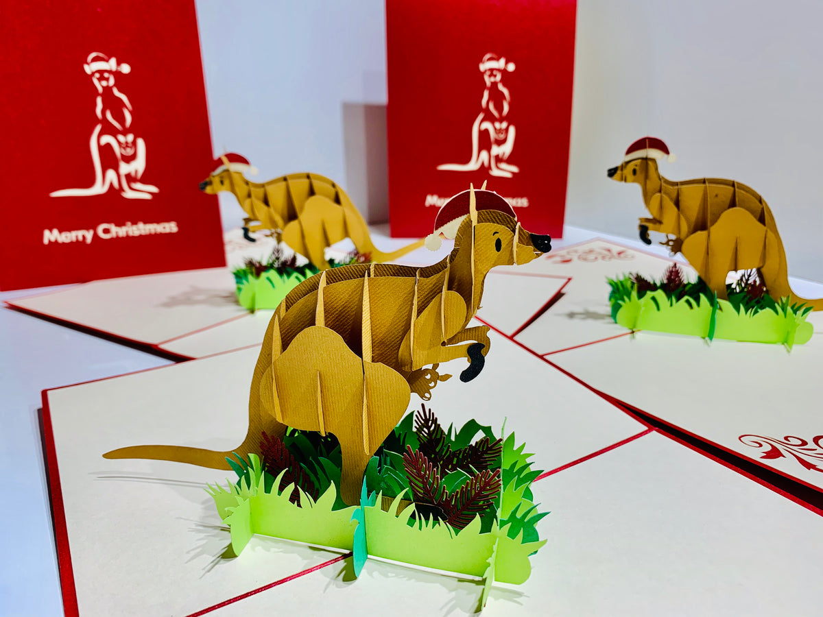 Aussie Christmas Santa Wallaby Kangaroo Wild Animal Origami Pop Cards 3D Pop Up Greeting Card Merry Christmas Thank You Handmade Best Wishes Blank Card Gift Happy Holidays Celebrate the Special Day