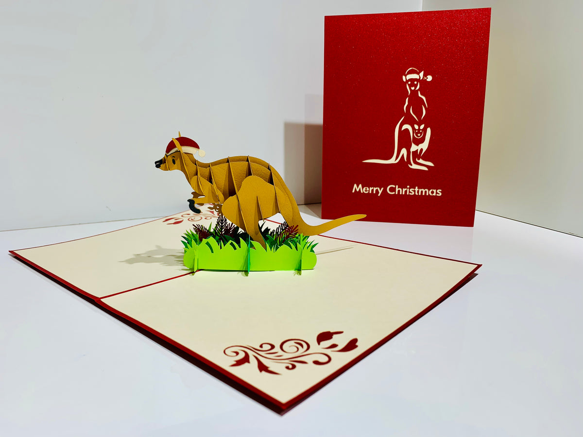 Aussie Christmas Santa Wallaby Kangaroo Wild Animal Origami Pop Cards 3D Pop Up Greeting Card Merry Christmas Thank You Handmade Best Wishes Blank Card Gift Happy Holidays Celebrate the Special Day