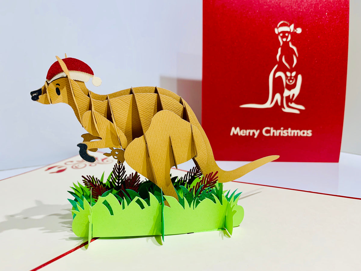 Aussie Christmas Santa Wallaby Kangaroo Wild Animal Origami Pop Cards 3D Pop Up Greeting Card Merry Christmas Thank You Handmade Best Wishes Blank Card Gift Happy Holidays Celebrate the Special Day