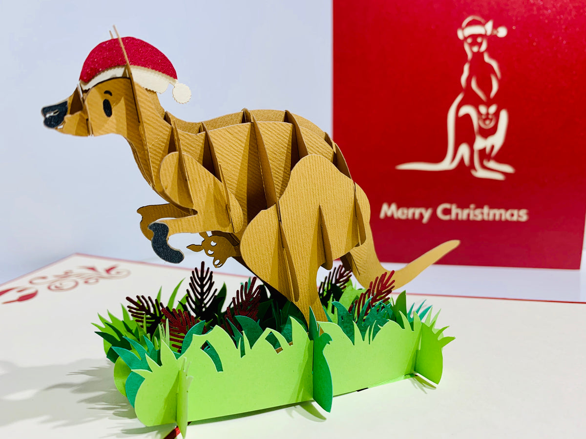 Aussie Christmas Santa Wallaby Kangaroo Wild Animal Origami Pop Cards 3D Pop Up Greeting Card Merry Christmas Thank You Handmade Best Wishes Blank Card Gift Happy Holidays Celebrate the Special Day