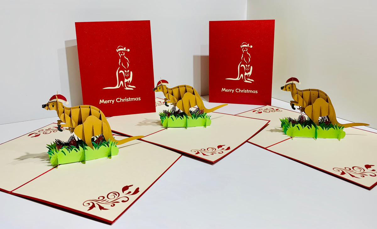 Aussie Christmas Santa Wallaby Kangaroo Wild Animal Origami Pop Cards 3D Pop Up Greeting Card Merry Christmas Thank You Handmade Best Wishes Blank Card Gift Happy Holidays Celebrate the Special Day