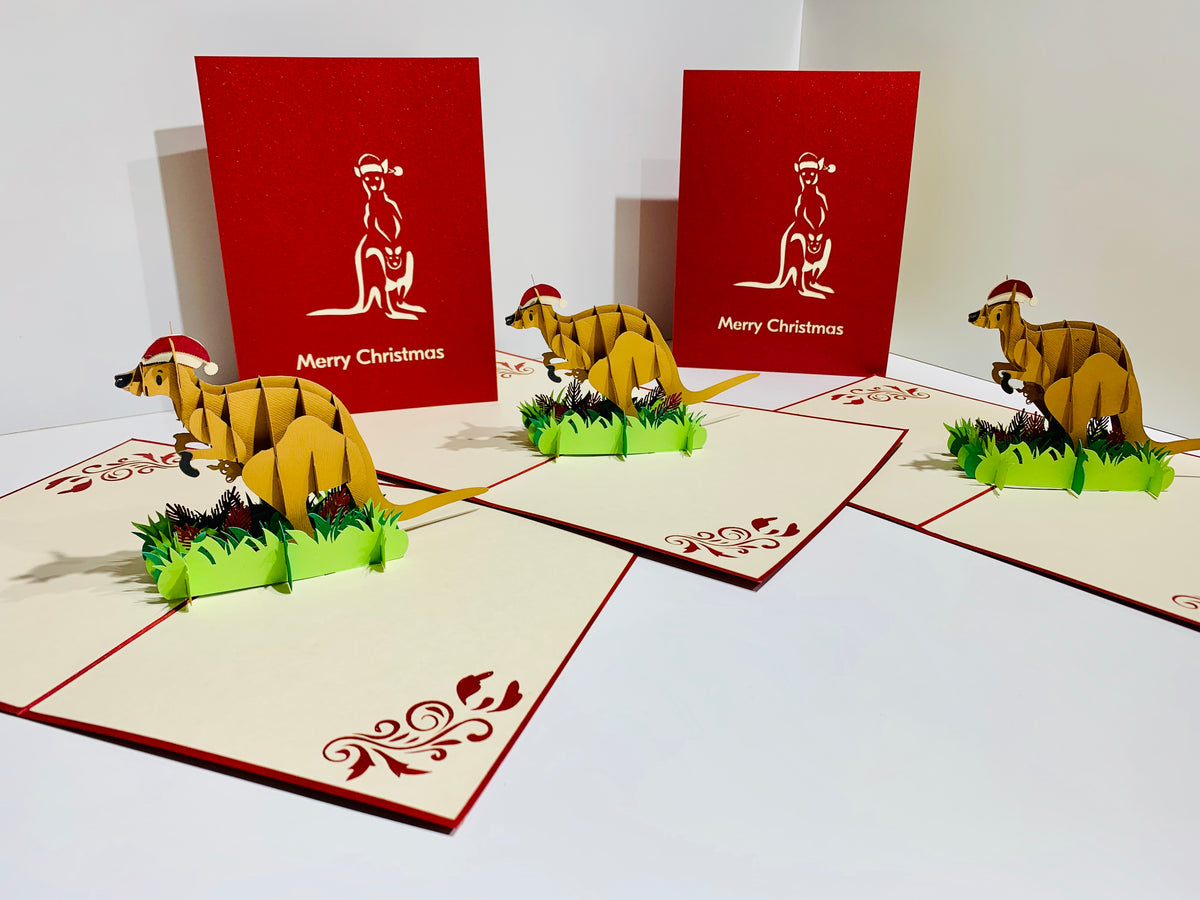 Aussie Christmas Santa Wallaby Kangaroo Wild Animal Origami Pop Cards 3D Pop Up Greeting Card Merry Christmas Thank You Handmade Best Wishes Blank Card Gift Happy Holidays Celebrate the Special Day