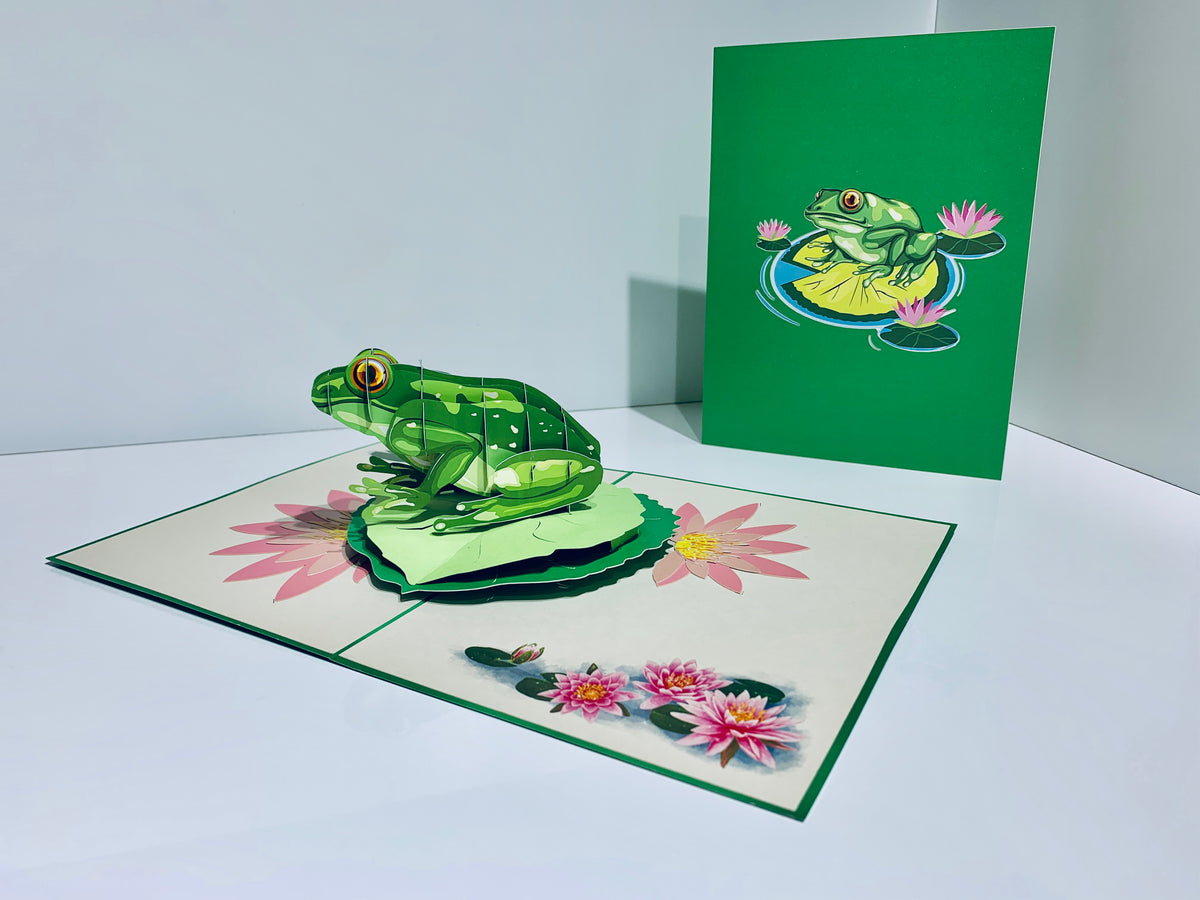 Australian Green Tree Frog landing on Lotus Pad Origami Pop Cards 3D Pop Up Greeting Card Best Wishes Happy Birthday Gift Thank You Handmade Best Wishes Blank Card for Any Occasion Happy Mother's Day Happy Father's Day Celebration