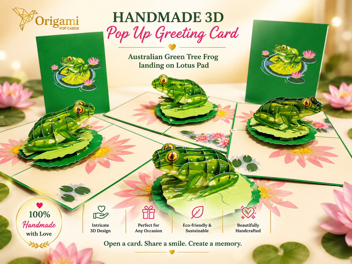 Australian Green Tree Frog landing on Lotus Pad Origami Pop Cards 3D Pop Up Greeting Card Best Wishes Happy Birthday Gift Thank You Handmade Best Wishes Blank Card for Any Occasion Happy Mother's Day Happy Father's Day Celebration