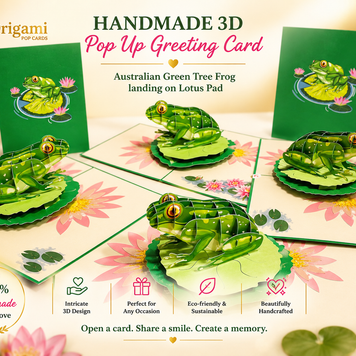 Australian Green Tree Frog landing on Lotus Pad Origami Pop Cards 3D Pop Up Greeting Card Best Wishes Happy Birthday Gift Thank You Handmade Best Wishes Blank Card for Any Occasion Happy Mother's Day Happy Father's Day Celebration