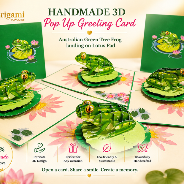 Australian Green Tree Frog landing on Lotus Pad Origami Pop Cards 3D Pop Up Greeting Card Best Wishes Happy Birthday Gift Thank You Handmade Best Wishes Blank Card for Any Occasion Happy Mother's Day Happy Father's Day Celebration