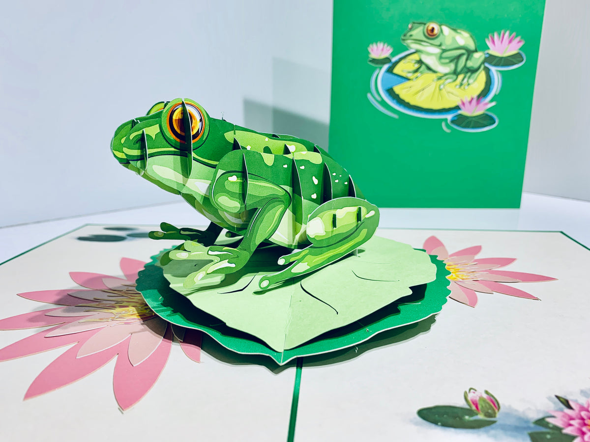 Australian Green Tree Frog landing on Lotus Pad Origami Pop Cards 3D Pop Up Greeting Card Best Wishes Happy Birthday Gift Thank You Handmade Best Wishes Blank Card for Any Occasion Happy Mother's Day Happy Father's Day Celebration