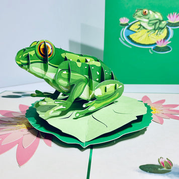 Australian Green Tree Frog landing on Lotus Pad Origami Pop Cards 3D Pop Up Greeting Card Best Wishes Happy Birthday Gift Thank You Handmade Best Wishes Blank Card for Any Occasion Happy Mother's Day Happy Father's Day Celebration