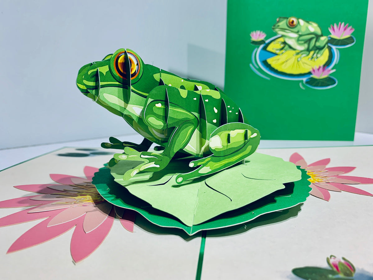 Australian Green Tree Frog landing on Lotus Pad Origami Pop Cards 3D Pop Up Greeting Card Best Wishes Happy Birthday Gift Thank You Handmade Best Wishes Blank Card for Any Occasion Happy Mother's Day Happy Father's Day Celebration