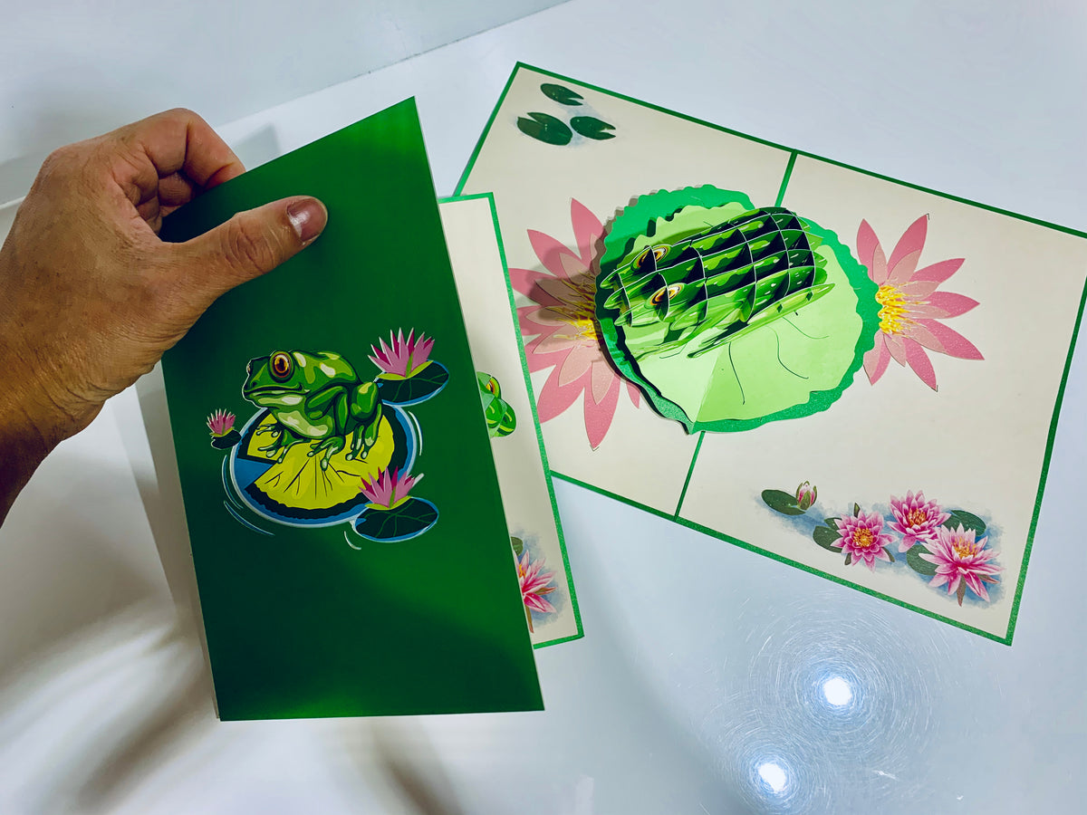 Australian Green Tree Frog landing on Lotus Pad Origami Pop Cards 3D Pop Up Greeting Card Best Wishes Happy Birthday Gift Thank You Handmade Best Wishes Blank Card for Any Occasion Happy Mother's Day Happy Father's Day Celebration