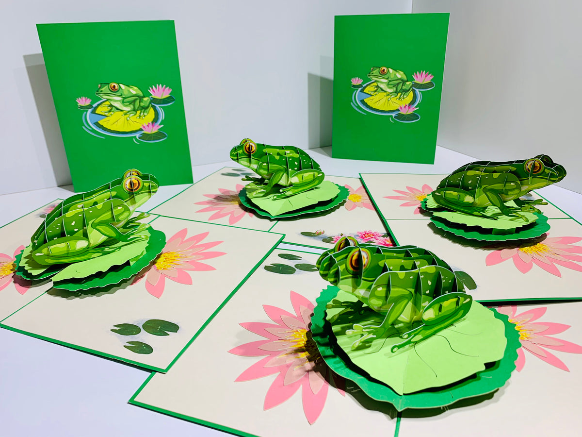 Australian Green Tree Frog landing on Lotus Pad Origami Pop Cards 3D Pop Up Greeting Card Best Wishes Happy Birthday Gift Thank You Handmade Best Wishes Blank Card for Any Occasion Happy Mother's Day Happy Father's Day Celebration