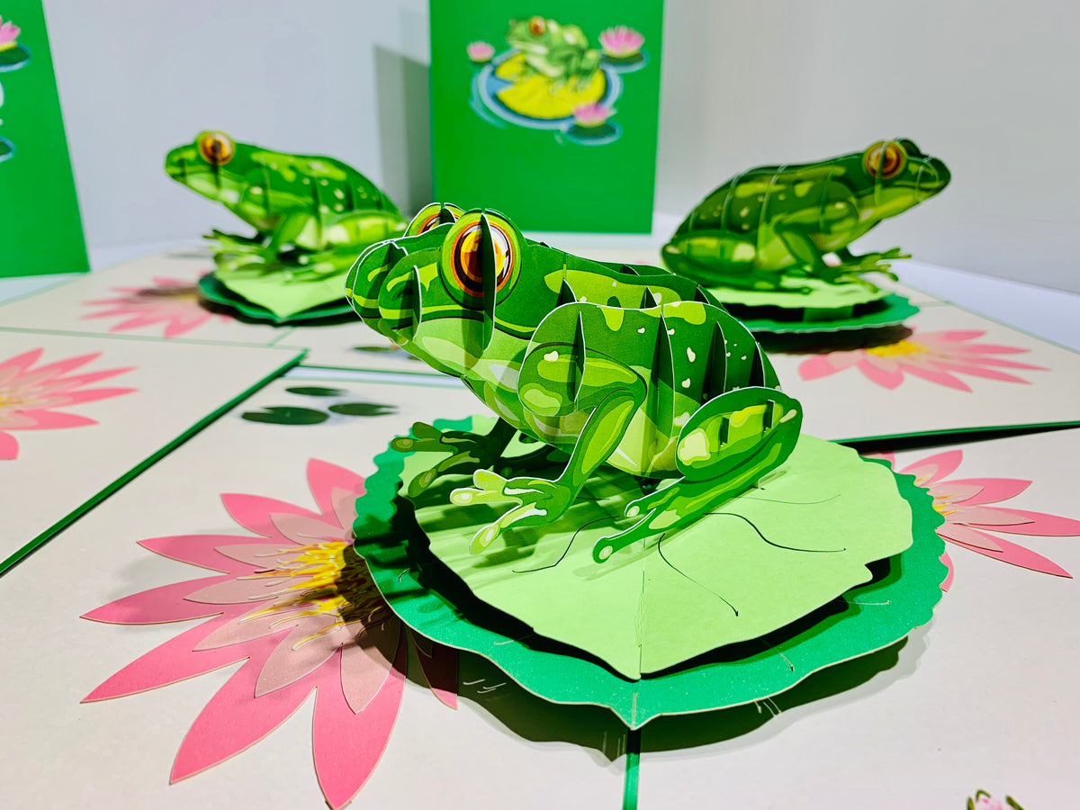 Australian Green Tree Frog landing on Lotus Pad Origami Pop Cards 3D Pop Up Greeting Card Best Wishes Happy Birthday Gift Thank You Handmade Best Wishes Blank Card for Any Occasion Happy Mother's Day Happy Father's Day Celebration
