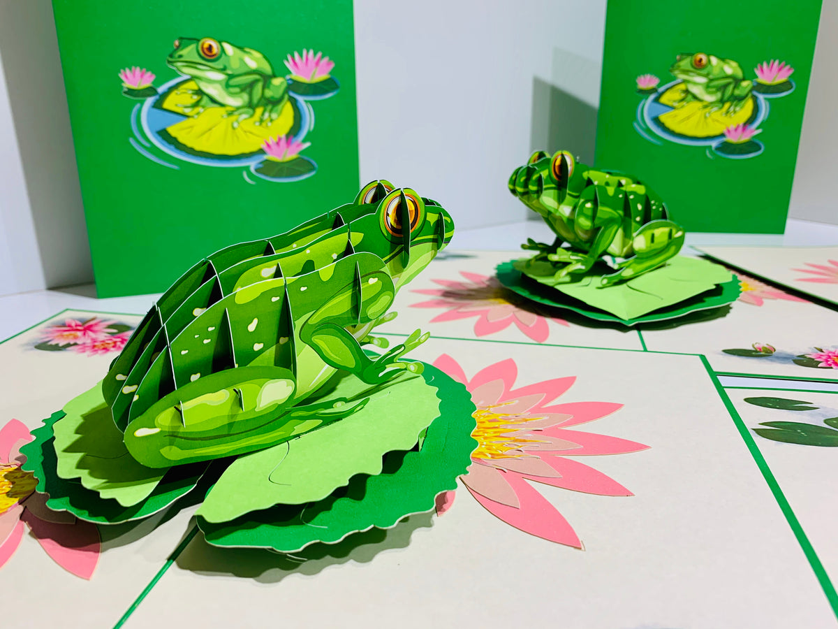 Australian Green Tree Frog landing on Lotus Pad Origami Pop Cards 3D Pop Up Greeting Card Best Wishes Happy Birthday Gift Thank You Handmade Best Wishes Blank Card for Any Occasion Happy Mother's Day Happy Father's Day Celebration