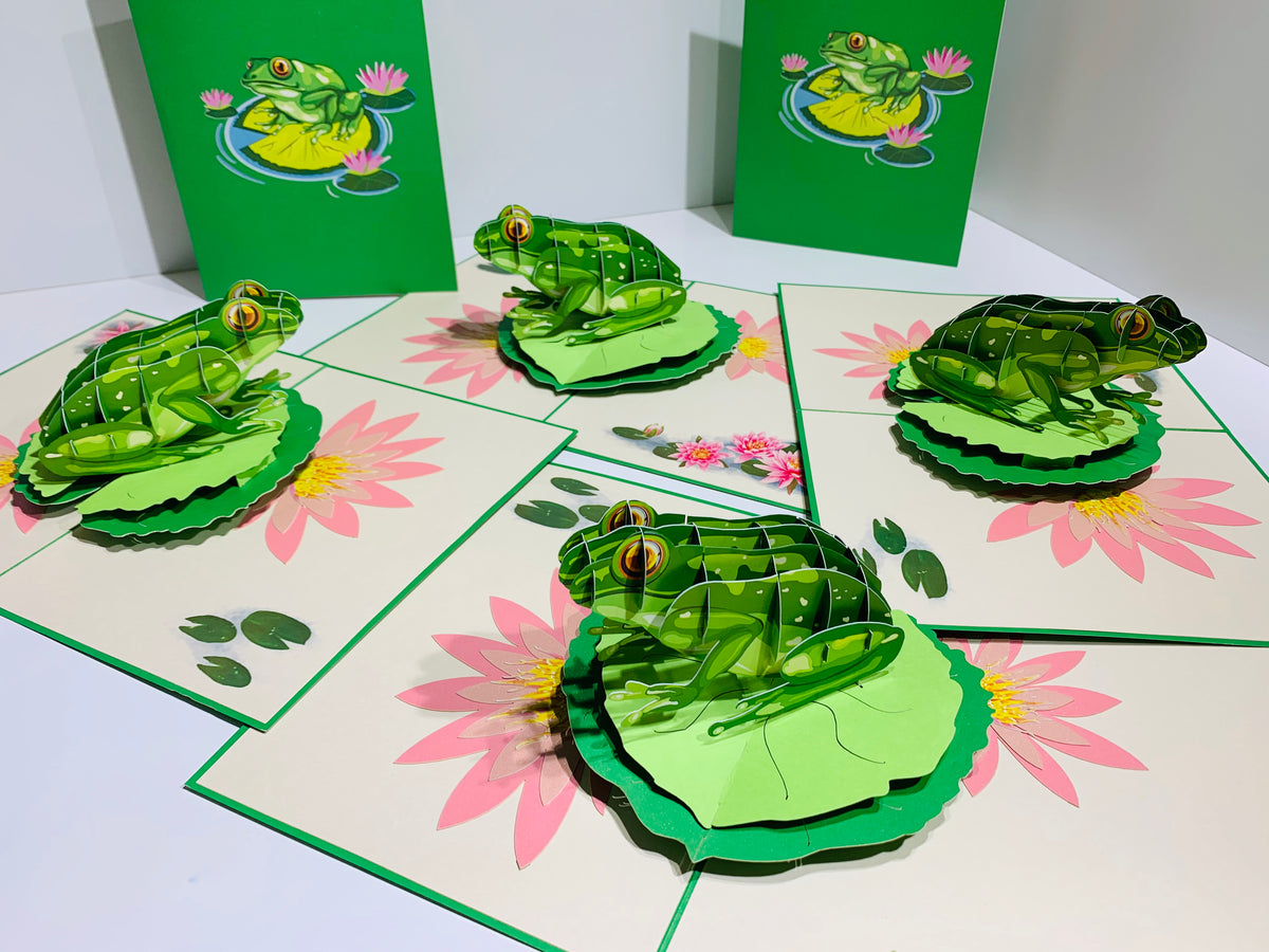 Australian Green Tree Frog landing on Lotus Pad Origami Pop Cards 3D Pop Up Greeting Card Best Wishes Happy Birthday Gift Thank You Handmade Best Wishes Blank Card for Any Occasion Happy Mother's Day Happy Father's Day Celebration