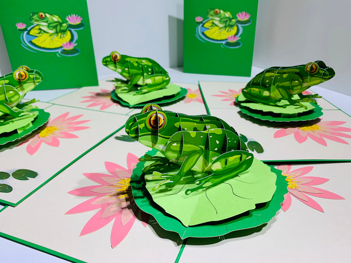 Australian Green Tree Frog landing on Lotus Pad Origami Pop Cards 3D Pop Up Greeting Card Best Wishes Happy Birthday Gift Thank You Handmade Best Wishes Blank Card for Any Occasion Happy Mother's Day Happy Father's Day Celebration