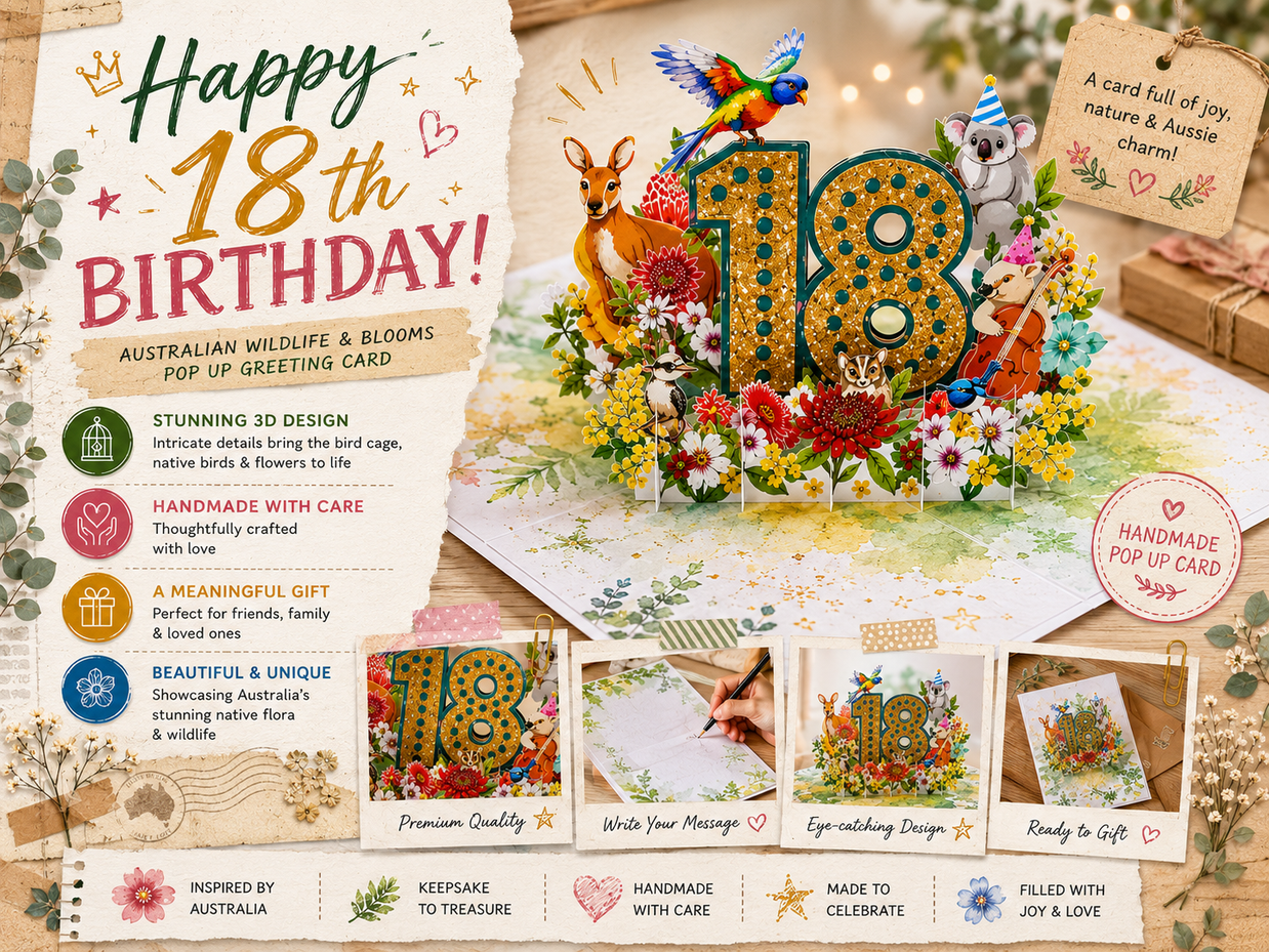 Australian Animal & Native Flower Happy 18th Birthday Origami Pop Cards 3D Pop Up Greeting Card Thank You Handmade Gift Thinking of You Happy Birthday Occasion Australiana Celebrate the Beauty and Happiness During Special Day Best Wishes Gift